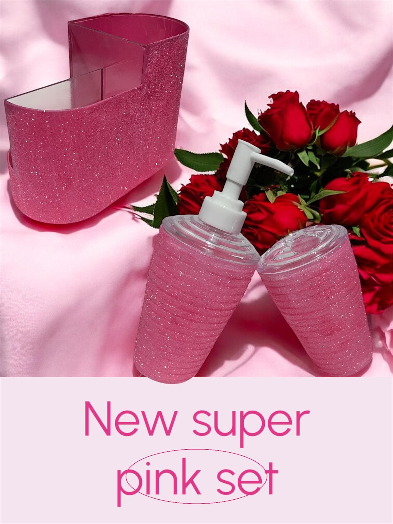 3Piece Pink Glitter Bathroom Set - Pink vanity Set-Sparkly Pink  Bathroom bathroom set - Hot Girl Pink Accessories Set
