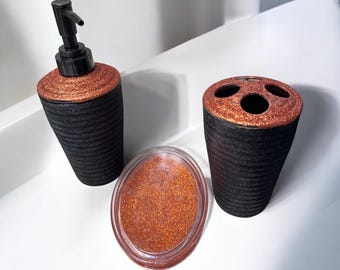 Black and orange bathroom set- glitter bathroom set- 3pc bathroom accessories- sparkling glitter bathroom set-bling bathroom set