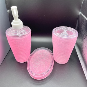 Acessórios de banheiro com 3 peças de glitter rosa - Acessórios de banheiro brilhantes - Conjunto de banheiro rosa brilhante - Decoração de banheiro brilhante