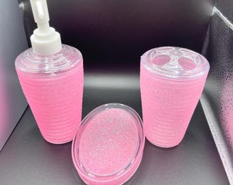 3Piece Pink Glitter Bathroom Accessories- Bling Bathroom Accessories -Sparkly pink  Bathroom bathroom set - Bling Bathroom Décor