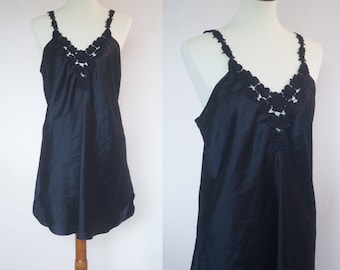 80s Black Satin Nightie Slip Dress Large • Rose Pattern Applique Neckline & Straps • Knee-Length • Dentelle
