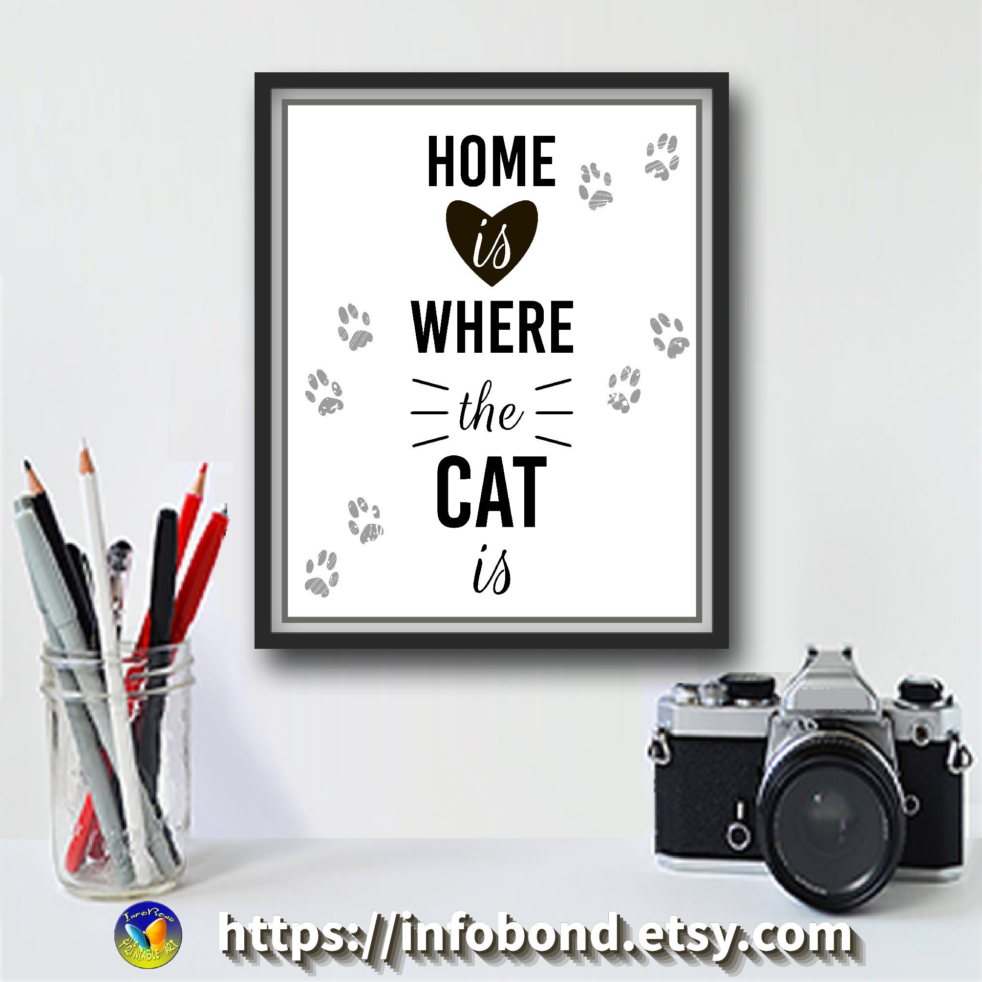 Black and white Cat Quote Home is where the cat is. Cats Etsy