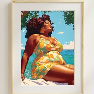 Retro Body Positive art, Curvy Woman, Beach Summer, Sexy, Fat | Feminist Art, Self-Love, Black Woman art, Body Love, Printable art