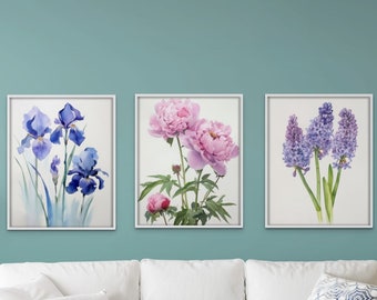 Láminas decorativas de flores en acuarela para pared: Peonía, Iris, Jacinto (Descarga digital)