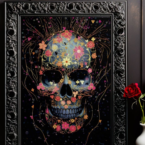 Skull & Flowers Halloween Print, Halloween skull art, Printable Halloween Decor, Bold Edgy Art, Masculine Art, art for him, Death print