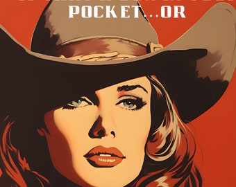 May include: A woman wearing a cowboy hat and a white shirt looks directly at the viewer. The background is red. The text on the image reads "IS THAT A GUN IN YOUR POCKET...OR ARE YAH JUST HAPPY TO SEE ME?"