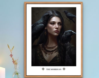 Lámina artística de la diosa Morrigan: Guerrera celta, estilo Dark Academia (Descarga digital)
