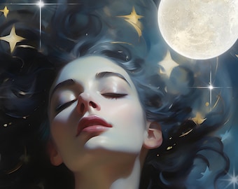 Moon Goddess Art Print: Lunar Celestial Wall Decor (Digital Download)
