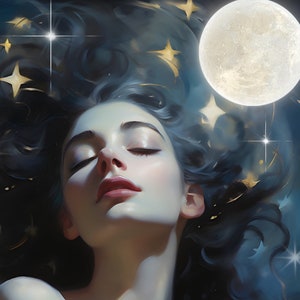 Moon goddess with Stars, Luna, Goddess, Ancient Greek, Roman, lunar, art print, dark academia poster, goddess art, classical art