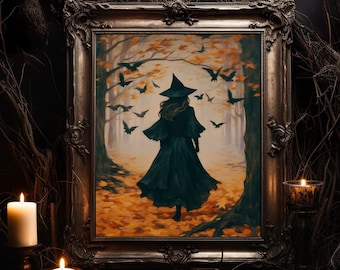 Victorian Witch Art Print: Halloween Autumn Woods (Digital Print)