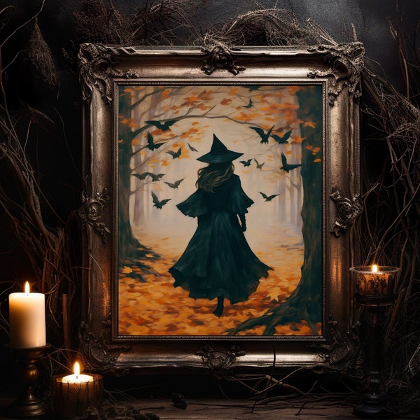Witch walking in Woods, Halloween Witch Decor, Dark Academia, Victorian witch art printable, Vintage, Print, Digital prints up to 18x24