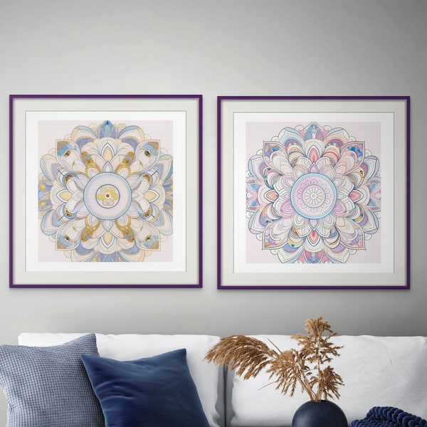 Set of 2 Mandala Prints, Soft Mandala |  Mandala Wall Art, Boho Wall Decor, Printable Mandala, Neutral Color, Living Room, Bedroom art