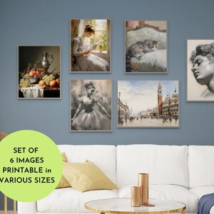 Light academia decor | set of 6 prints, vintage gallery wall art set | Blue and Neutral Tone Decor | antique print | printable wall art