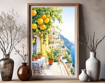 Amalfi Coast Watercolor Print: Positano Lemon Tree Scene (Digital Download)