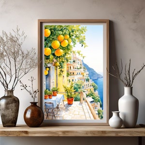 Lemon Tree Amalfi Coast, Positano Lemon Watercolor Printable, Amalfi beach scene, Travel Gift, Italy Wall Art, Coast Decor,  Italian Village