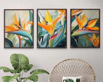Conjunto de Impressões Artísticas Florais Ave-do-Paraíso: Tríptico Tropical (Download Digital)