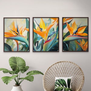 Paradiesvogel Art Print (3er-Set) Botanische, Natur Print Set, Wohnzimmer Wandkunst, Grüne Tropische Pflanzenkunst, Digital, printable