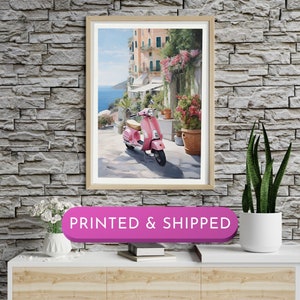 Vespa Poster, Amalfi Coast Print, Italy Travel Poster, Retro Vespa, Italian Coast , Italian Village Wall Art Pink Aesthetic Decor Vintage