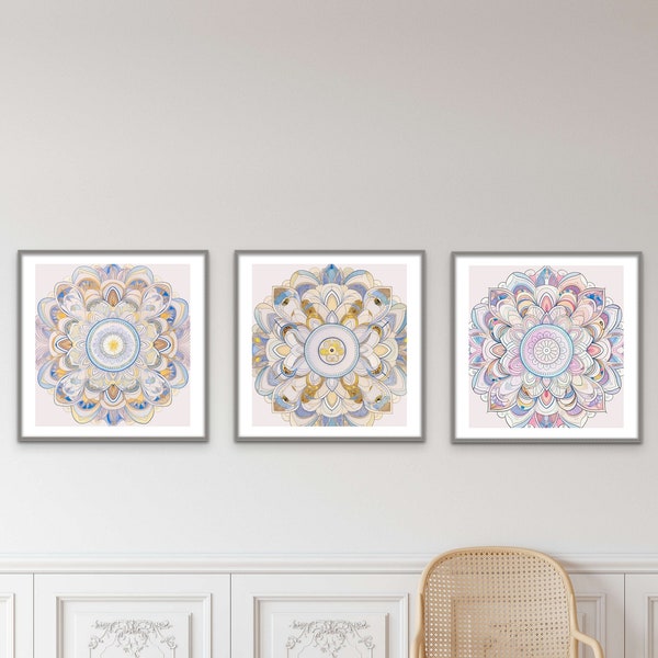 Set of 3 Mandala Prints, Soft Mandalas, Mandala Wall Art, Multi-color, Boho Decor, Printable Mandala, Neutral Color, Living Room, Bedroom