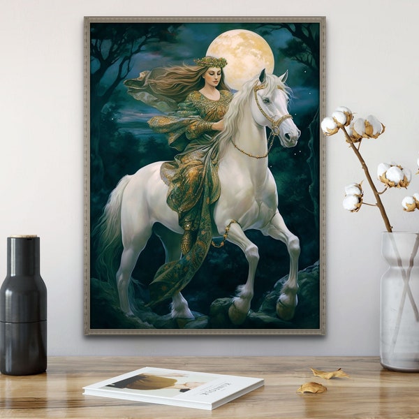 Rhiannon Celtic Goddess, Pagan Horse Goddess Art, Welsh Irish Goddess, Rhiannon painting, Horse, Celtic Art, Printable Goddess Art