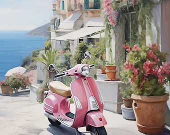 Póster de Vespa en la Costa Amalfitana: Póster de viaje retro de un pueblo italiano (Descarga digital)