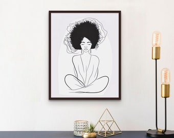 Black Woman Meditation Art Print: Minimalist Line Art (Digital Download)
