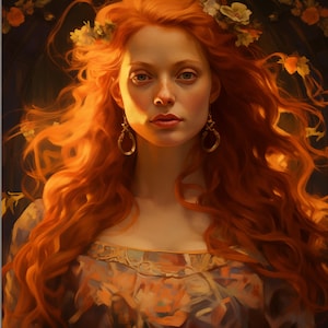 Puede incluir: Un retrato de una mujer con el pelo largo y rojo que fluye. Lleva una corona de flores y pendientes de oro. El fondo es una superficie oscura y texturizada.