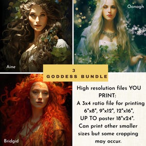 Bundle of Celtic Goddess printables, Oonagh, Aine, Brigid, Brigit, Irish European, ancient Goddesses of Fairies, Fey,