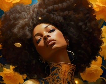 Lámina artística de diosa afrofuturista: Mujer negra, flores amarillas (descarga digital)