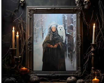 Könnte beinhalten: Ein gerahmtes Gemälde einer Frau in einem weißen Kapuzenmantel, die in einem schneebedeckten Wald mit einem weißen Wolf an ihrer Seite steht. Das Gemälde ist vor einem dunklen Hintergrund mit Kerzen und Schädeln platziert.