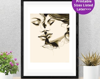 Lesbian Kiss Art Print: Minimalist Black and White Line Drawing (Digital Download)