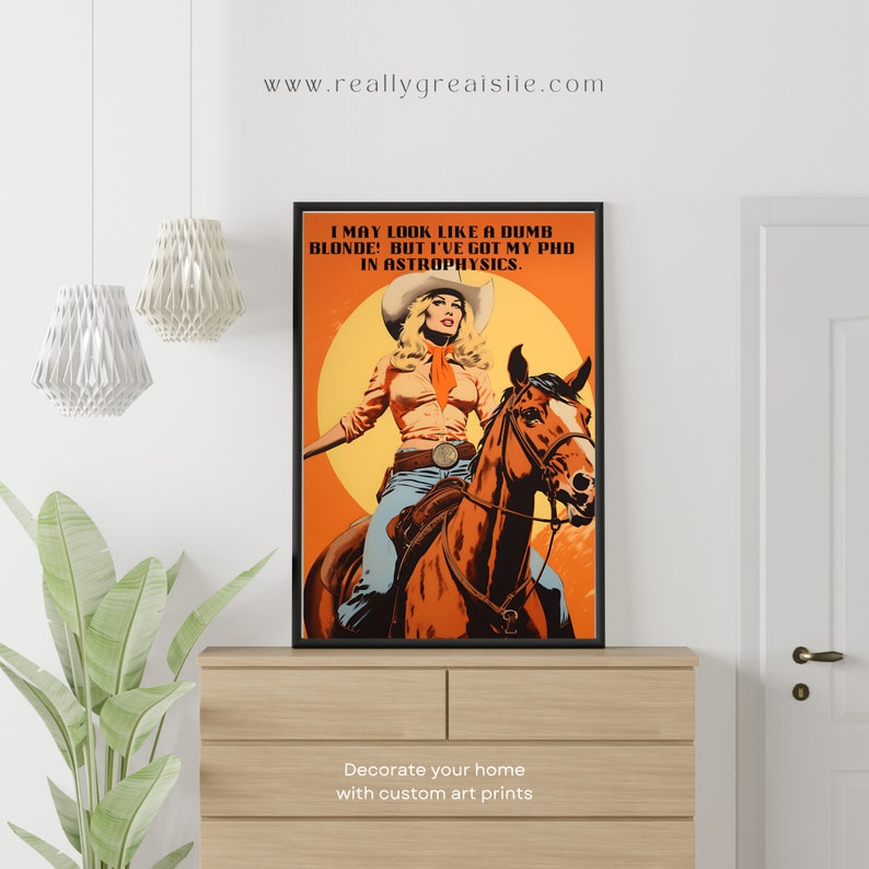 Feminist Cowgirl Wall Art, Pinup, Cheeky, Vintage, Retro, Dorm Room