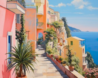 Lámina de la Costa Amalfitana: Póster de viaje vintage de un pueblo italiano (Descarga digital)