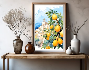 Lámina de acuarela de limonero de la costa amalfitana: Arte costero italiano (Descarga digital)