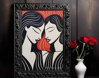Lesbian Lovers Linocut Print: Red & Black Modern Art (Digital Download)