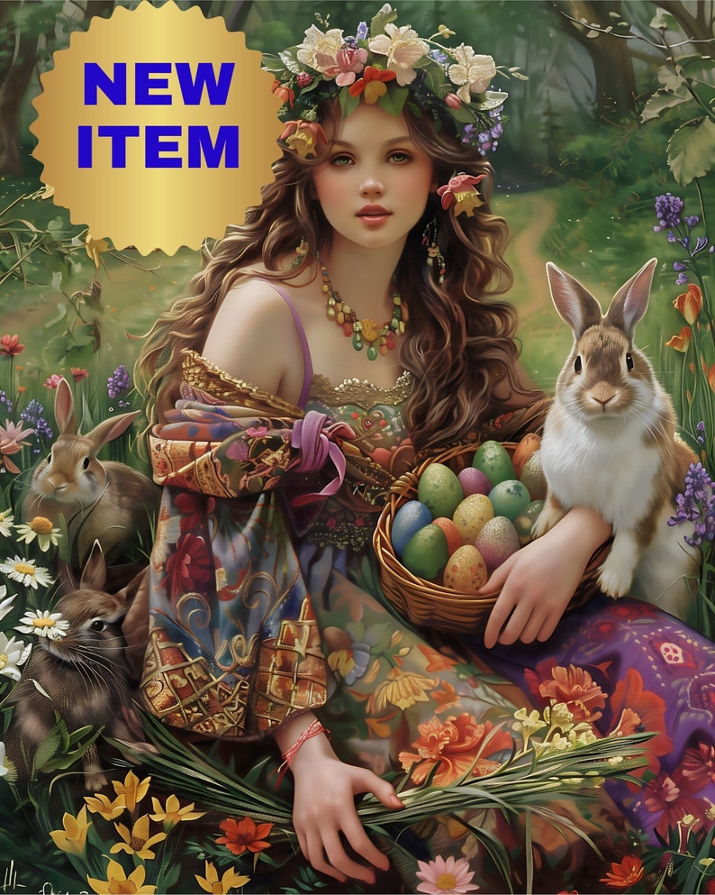 Goddess Ostara, spring nature, Anglo-Saxon, Eostre German, pagan, Easter Goddess of spring equinox poster printable wall art poster, print image 1