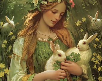 Lámina artística de la diosa Ostara para el equinoccio de primavera: decoración pagana de Pascua (descarga digital)