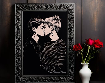 Lesbian Couple Art Print: Modern Linocut Love (Digital Download)