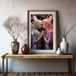 Lesbian Fairy Queens, Lesbian art, Pink hair, fantasy art, female, futuristic lesbian lovers, two women kissing sapphic poster, printable