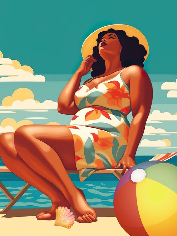 Retro Body Positive Curvy Woman, Beach Summer, Fat, Body
