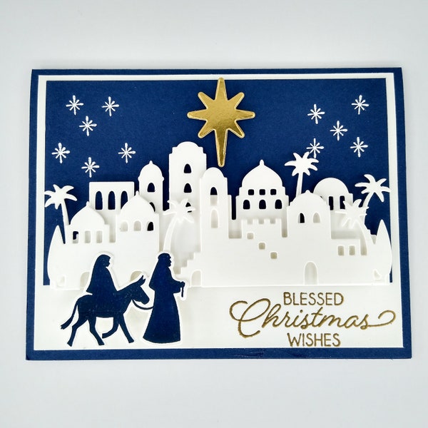 Handmade Christmas card, Bethlehem,Mary and Joseph, star, Navy Blue, 4.25 x 5.50