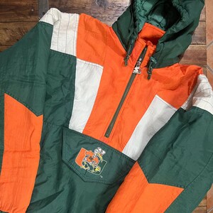 Vintage 90s Green Starter Miami Hurricanes 1/4 Zip Hooded Quilted