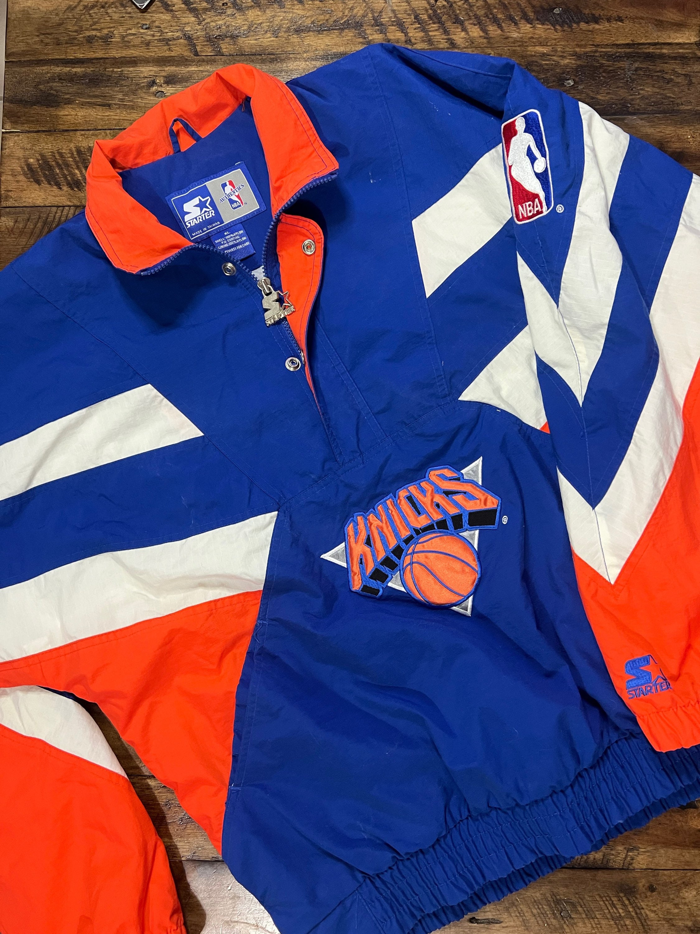 New York Knicks Vintage 90s Starter Black Orange Blue Parka Hoodie Jacket L  NBA