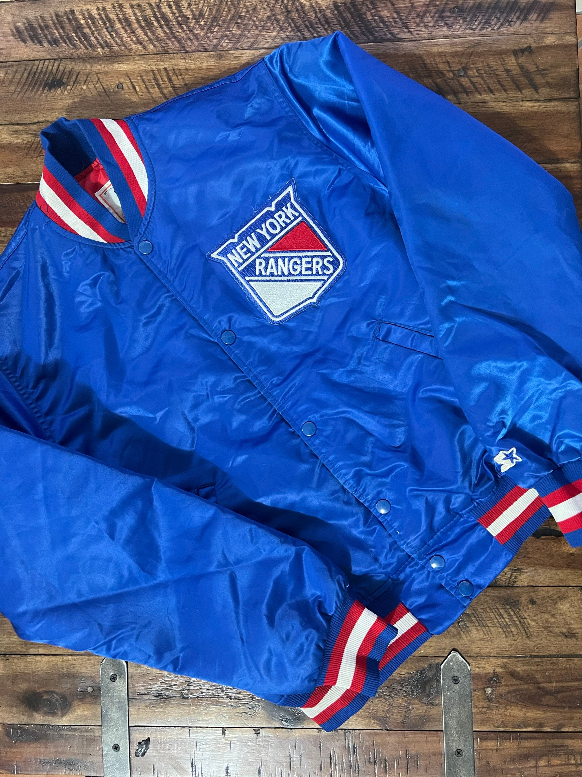 Vintage 80s New York Rangers Starter Satin Jacket Mens Rare White Hockey  NHL