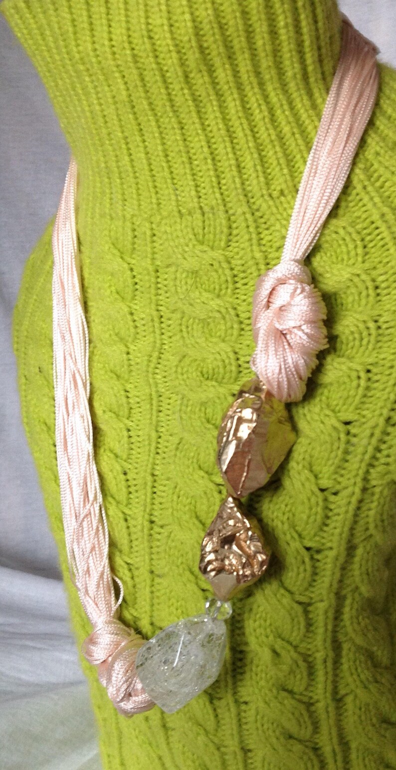 Pink fringed necklace with gold and crystal nuggets