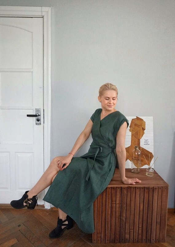 green linen wrap dress