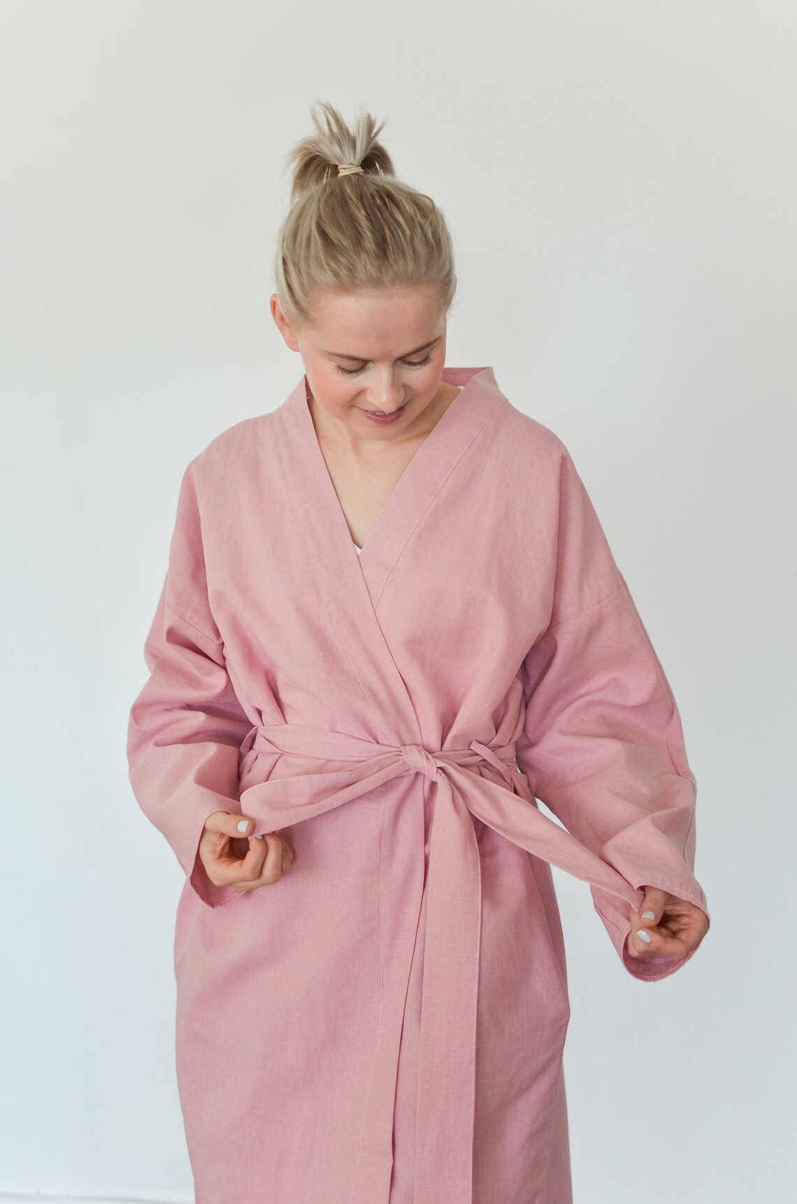 Dusty Pink Women's Linen Robe Kimono Style Linen Bath Etsy