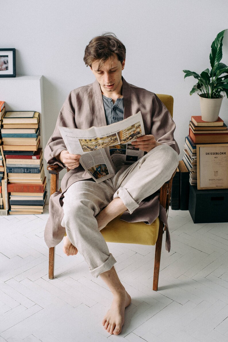 linen cardigan linen bathrobe Bottle green mens robe linen kimono