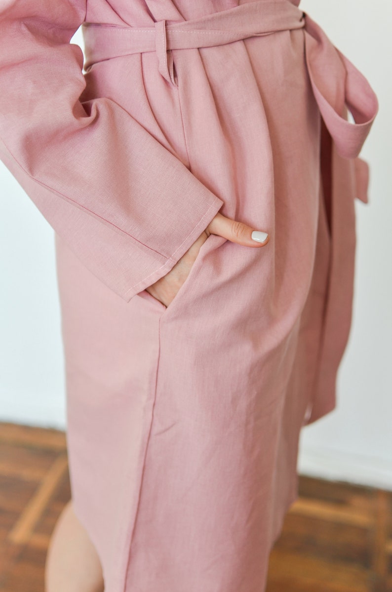 Dusty Pink Linen Bathrobe Bathrobe Women Kimono Dressing Etsy