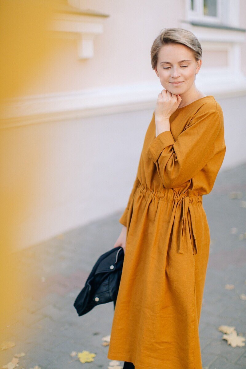 Mustard Linen Dress Linen Shift Dress Linen Midi Dress Etsy